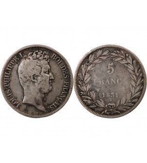 LOUIS PHILIPPE - 5 FRANCS ARGENT 1831 W LILLE "Type Tiolier, Tr creux" 2