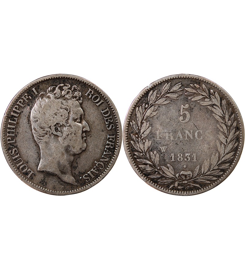 LOUIS PHILIPPE - 5 FRANCS ARGENT 1831 W LILLE "Type Tiolier, Tr creux"