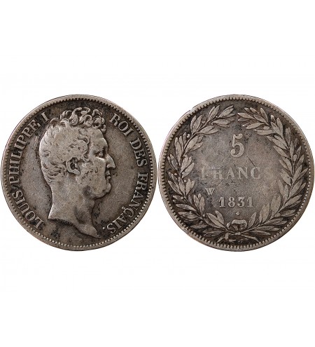 LOUIS PHILIPPE - 5 FRANCS ARGENT 1831 W LILLE "Type Tiolier, Tr creux"