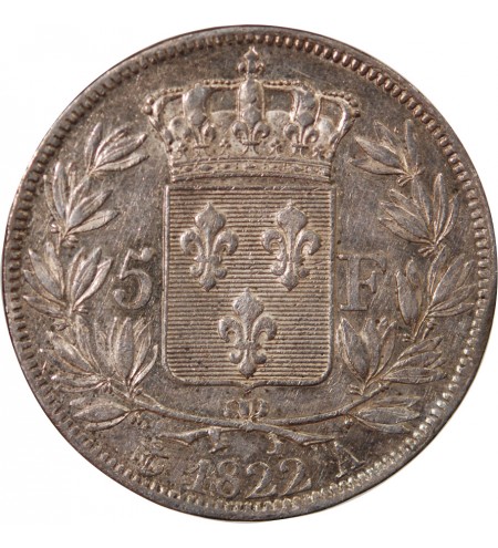 LOUIS XVIII - 5 FRANCS ARGENT 1822 A PARIS