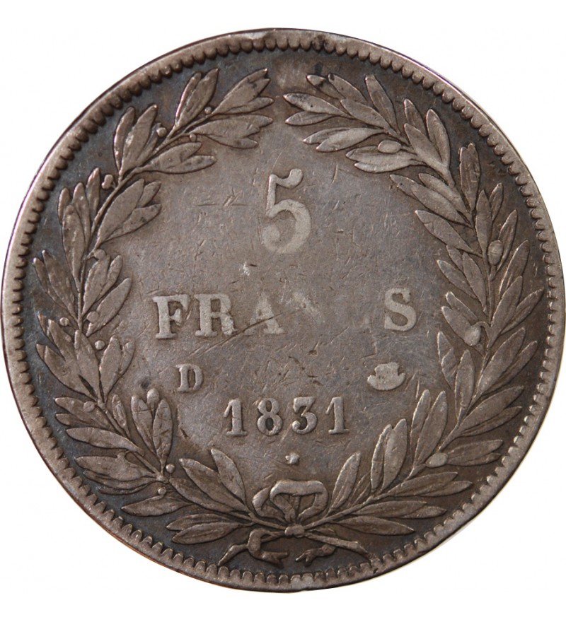 LOUIS PHILIPPE﻿ - 5 FRANCS ARGENT 1831 D LYON "Type Tiolier, Tr creux"