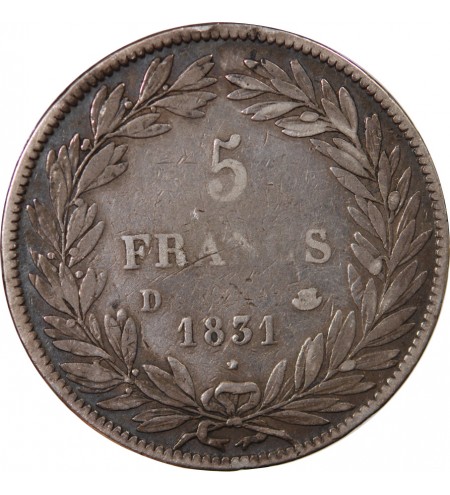 LOUIS PHILIPPE﻿ - 5 FRANCS ARGENT 1831 D LYON "Type Tiolier, Tr creux"