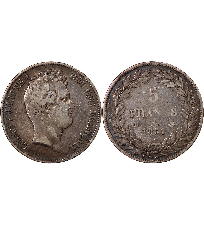 LOUIS PHILIPPE﻿ - 5 FRANCS ARGENT 1831 D LYON "Type Tiolier, Tr creux"