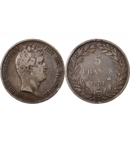 LOUIS PHILIPPE﻿ - 5 FRANCS ARGENT 1831 D LYON "Type Tiolier, Tr creux"