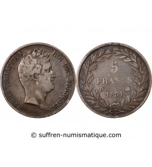 LOUIS PHILIPPE﻿ - 5 FRANCS ARGENT 1831 D LYON "Type Tiolier, Tr creux"