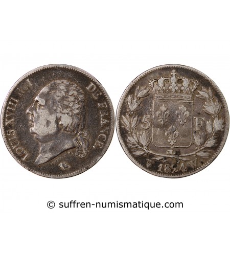 LOUIS XVIII - 5 FRANCS 1824 W LILLE