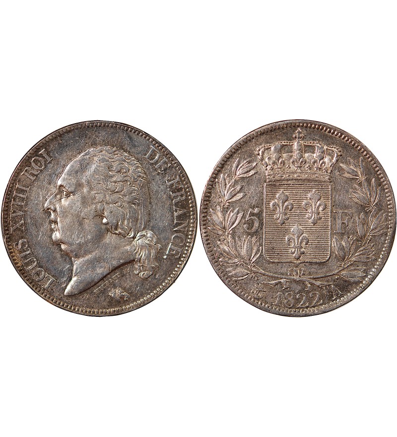 LOUIS XVIII - 5 FRANCS ARGENT 1822 A PARIS