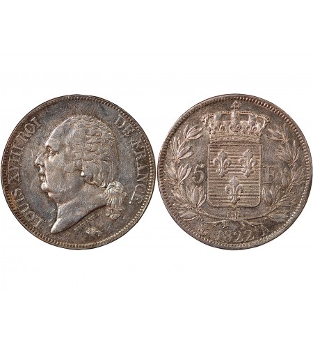 LOUIS XVIII - 5 FRANCS ARGENT 1822 A PARIS