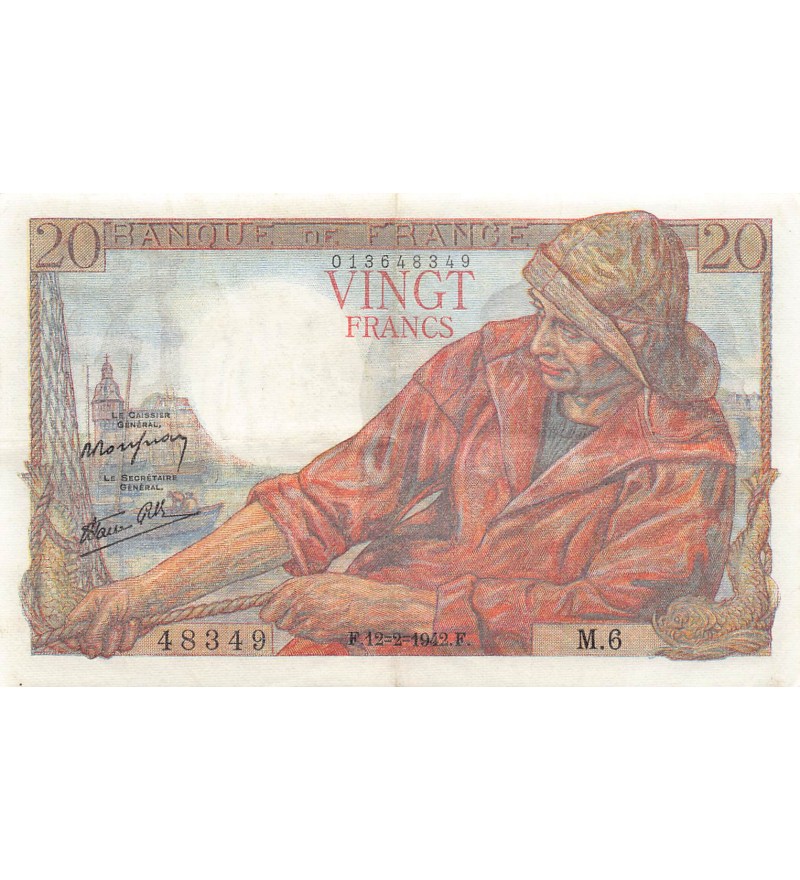 FRANCE, PÊCHEUR - 20 FRANCS 12/02/1942 - SÉRIE M.6 - TTB+
