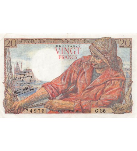 FRANCE, PÊCHEUR - 20 FRANCS 21/05/1942 - SÉRIE G.25 - TTB+