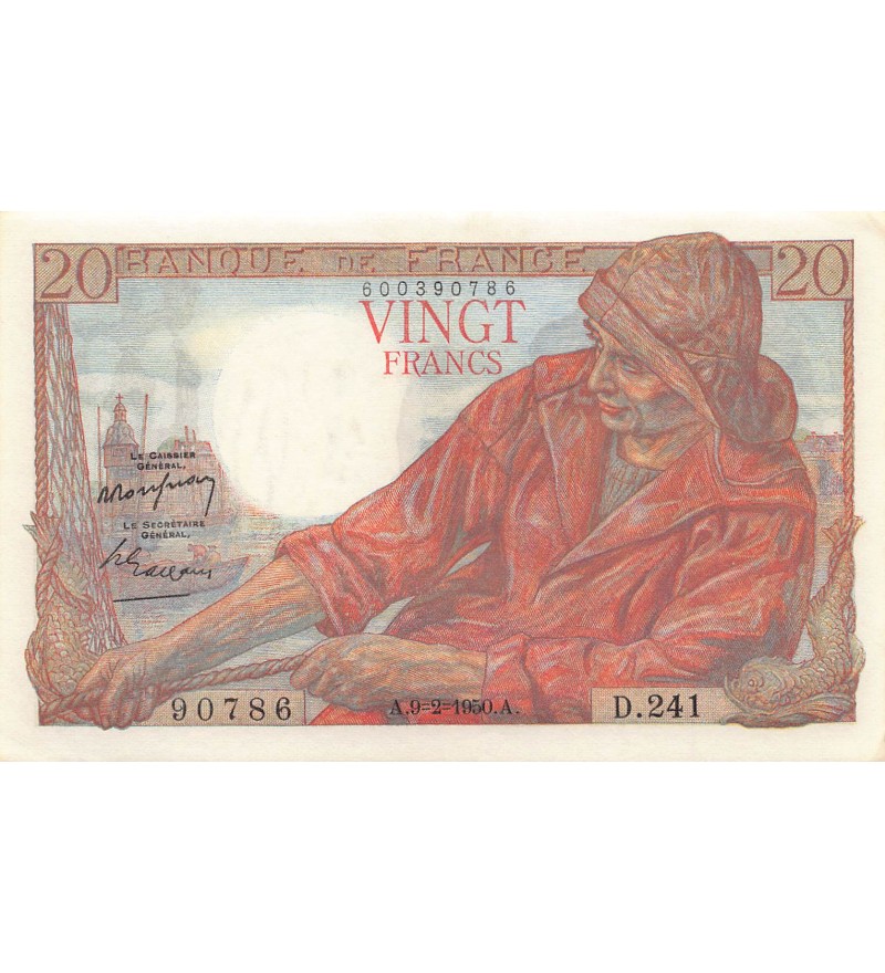FRANCE, PÊCHEUR - 20 FRANCS 09/02/1950 - SÉRIE D.241 - SPL