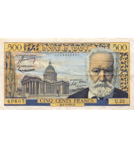 FRANCE, VICTOR HUGO, 500 FRANCS 04/03/1954 - Série U.22 - TB+