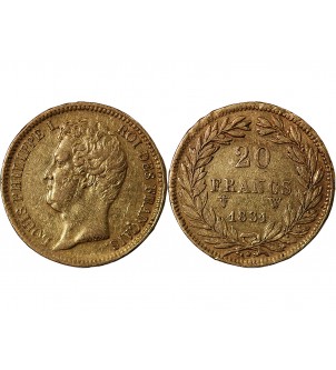 LOUIS PHILIPPE﻿ Ier - 20 FRANCS OR 1831 W LILLE "Tête Nue Tranche en Relief"﻿ 2