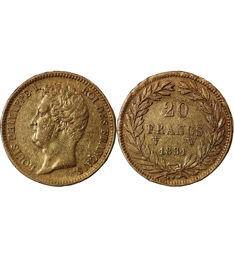 LOUIS PHILIPPE﻿ Ier - 20 FRANCS OR 1831 W LILLE "Tête Nue Tranche en Relief"﻿