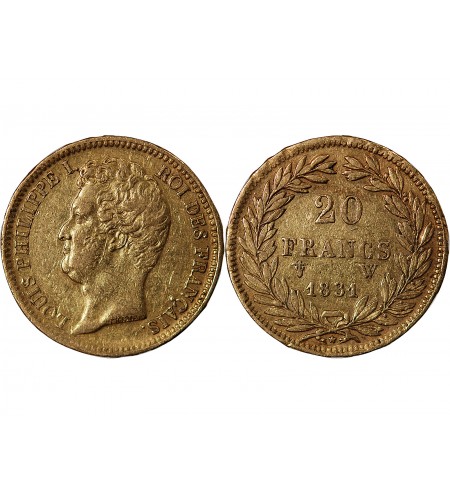 LOUIS PHILIPPE﻿ Ier - 20 FRANCS OR 1831 W LILLE "Tête Nue Tranche en Relief"﻿
