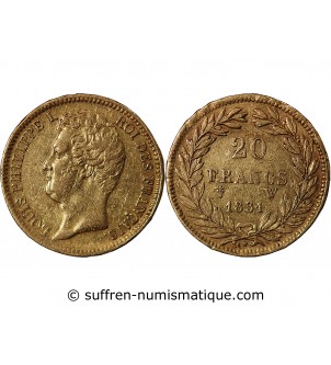 LOUIS PHILIPPE﻿ Ier - 20 FRANCS OR 1831 W LILLE "Tête Nue Tranche en Relief"﻿