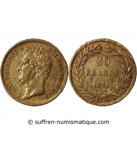 LOUIS PHILIPPE﻿ Ier - 20 FRANCS OR 1831 W LILLE "Tête Nue Tranche en Relief"﻿