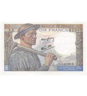 FRANCE, MINEUR - 10 FRANCS 09/10/1941 - SÉRIE Y.3 - SUP+ 2