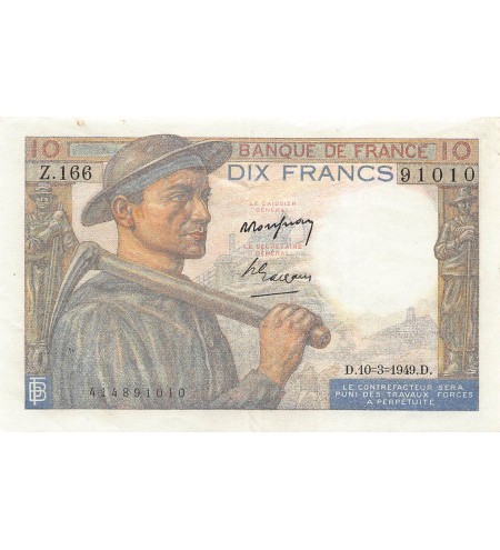FRANCE, MINEUR - 10 FRANCS 10/03/1949 - SÉRIE Z.166 - TTB+