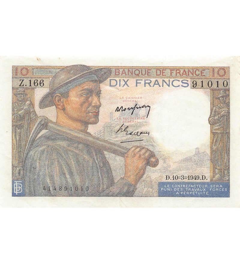 FRANCE, MINEUR - 10 FRANCS 10/03/1949 - SÉRIE Z.166 - TTB+