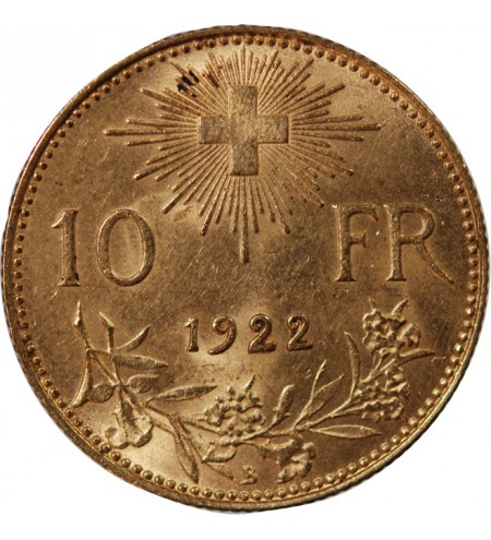 SUISSE, CONFEDERATION HELVETIQUE - 10 FRANCS OR 1922 B