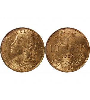 SUISSE, CONFEDERATION HELVETIQUE - 10 FRANCS OR 1922 B 2
