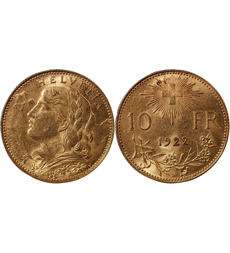 SUISSE, CONFEDERATION HELVETIQUE - 10 FRANCS OR 1922 B