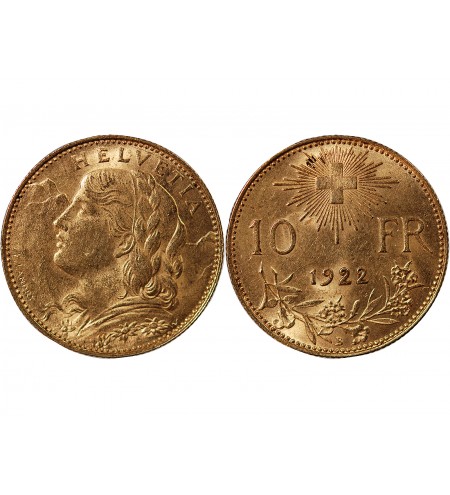 SUISSE, CONFEDERATION HELVETIQUE - 10 FRANCS OR 1922 B