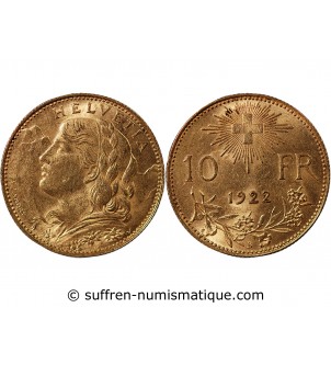 SUISSE, CONFEDERATION HELVETIQUE - 10 FRANCS OR 1922 B