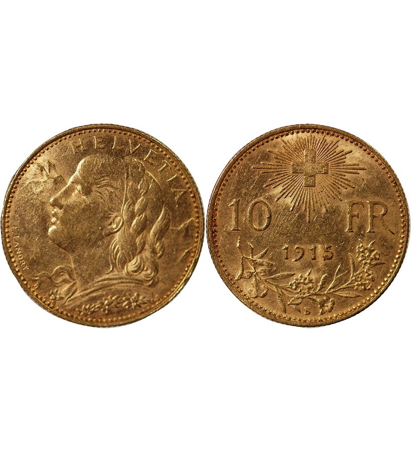 SUISSE, CONFEDERATION HELVETIQUE - 10 FRANCS OR 1915 B