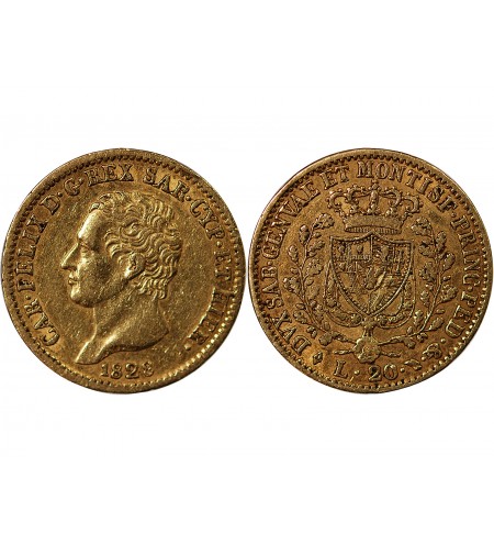ITALIE, CHARLES FELIX﻿ - 20 LIRE OR 1828 TURIN