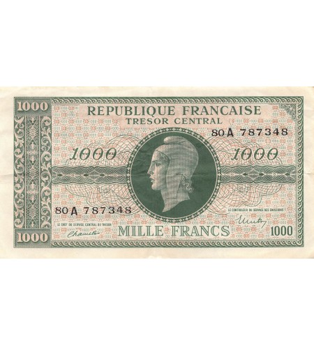 TRÉSOR CENTRAL, MARIANNE - 1000 FRANCS 1945 SÉRIE A - TTB+