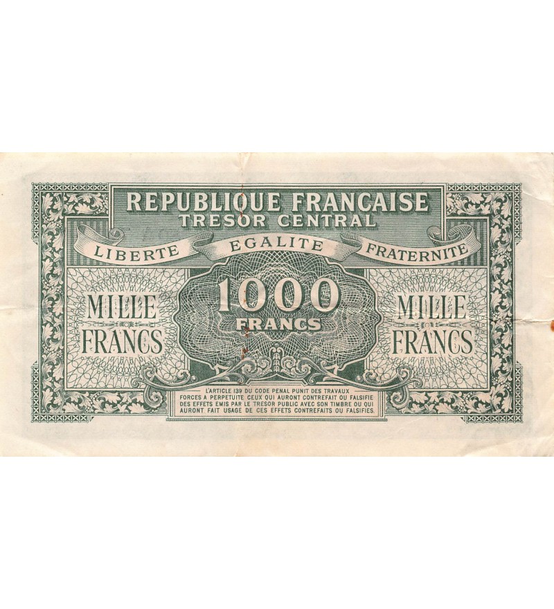 TRÉSOR CENTRAL, MARIANNE - 1000 FRANCS 1945 SÉRIE A - TTB