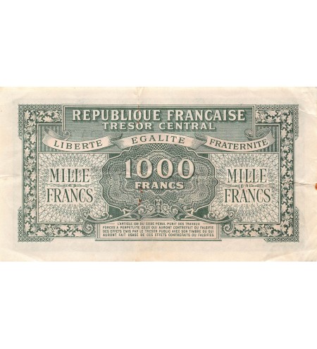TRÉSOR CENTRAL, MARIANNE - 1000 FRANCS 1945 SÉRIE A - TTB