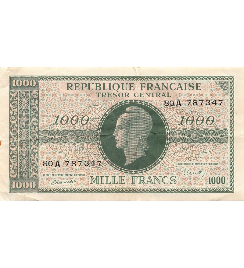 TRÉSOR CENTRAL, MARIANNE - 1000 FRANCS 1945 SÉRIE A - TTB