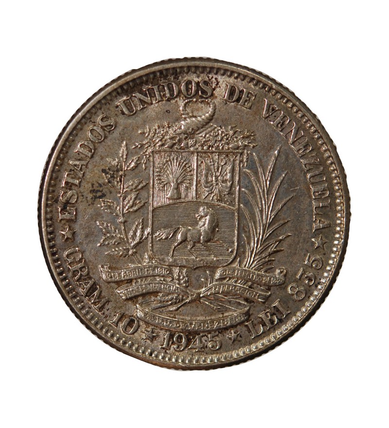 VENEZUELA, SIMON BOLIVAR - 2 BOLIVARS ARGENT 1945