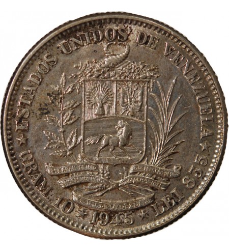 VENEZUELA, SIMON BOLIVAR - 2 BOLIVARS ARGENT 1945