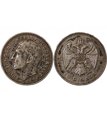YOUGOSLAVIE, ALEXANDRE Ier - 10 DINARS ARGENT 1931 LONDRES