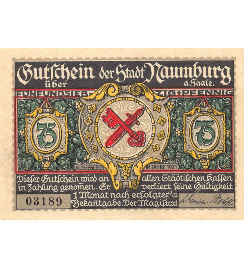 ALLEMAGNE, WEIMAR - 75 PFENNIG 1921