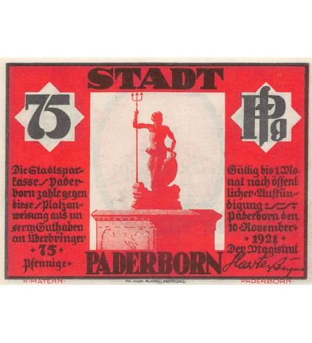 ALLEMAGNE, PADERBORN - 75 PFENNIG 1921