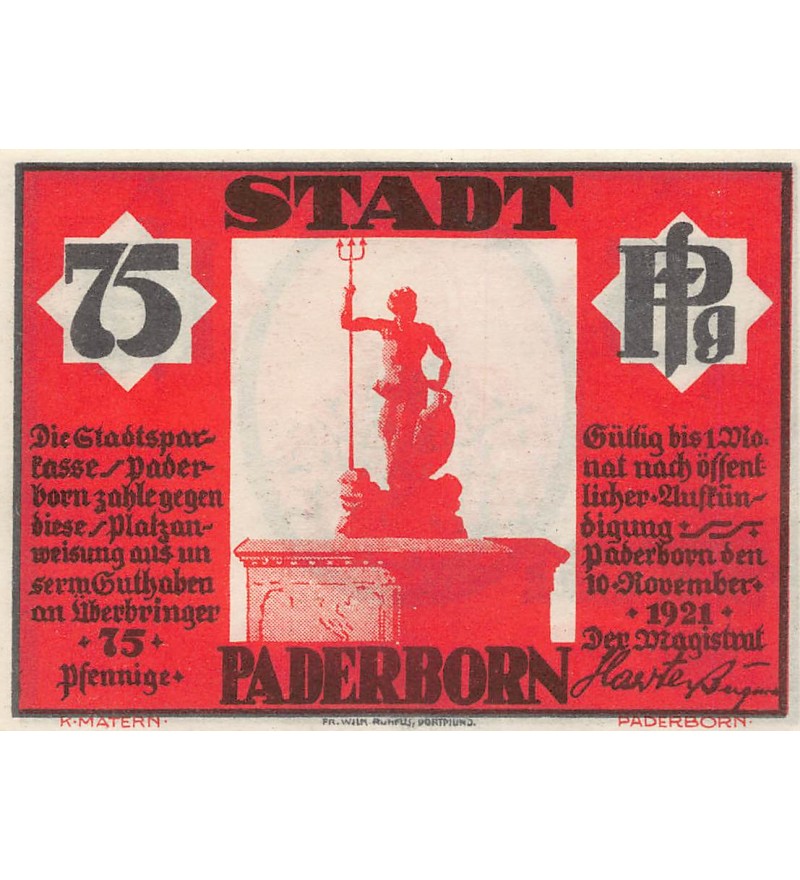 ALLEMAGNE, PADERBORN - 75 PFENNIG 1921