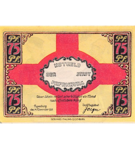 ALLEMAGNE, PAPENBURG - 75 PFENNIG 1921