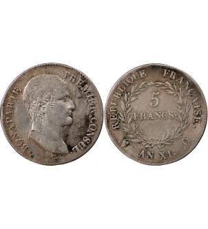 BONAPARTE Ier CONSUL﻿ - 5 FRANCS ARGENT AN XI Q PERPIGNAN 2