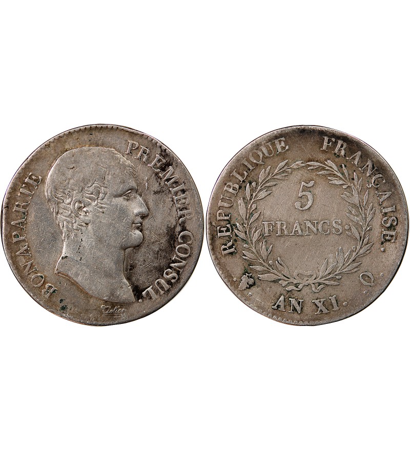 BONAPARTE Ier CONSUL﻿ - 5 FRANCS ARGENT AN XI Q PERPIGNAN