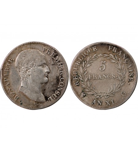BONAPARTE Ier CONSUL﻿ - 5 FRANCS ARGENT AN XI Q PERPIGNAN
