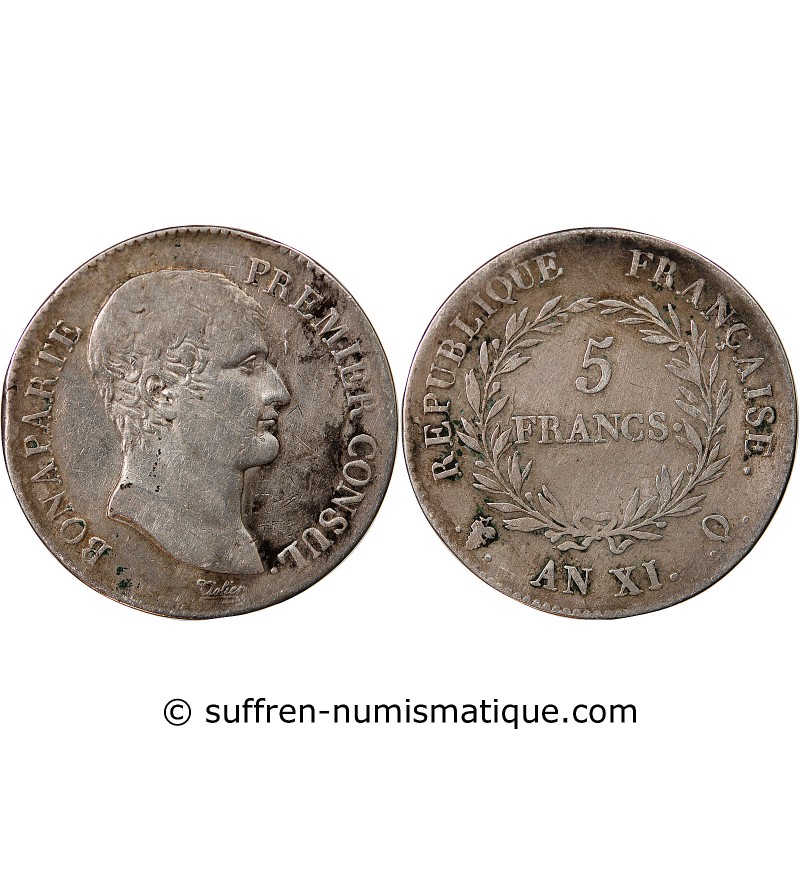 BONAPARTE Ier CONSUL﻿ - 5 FRANCS ARGENT AN XI Q PERPIGNAN