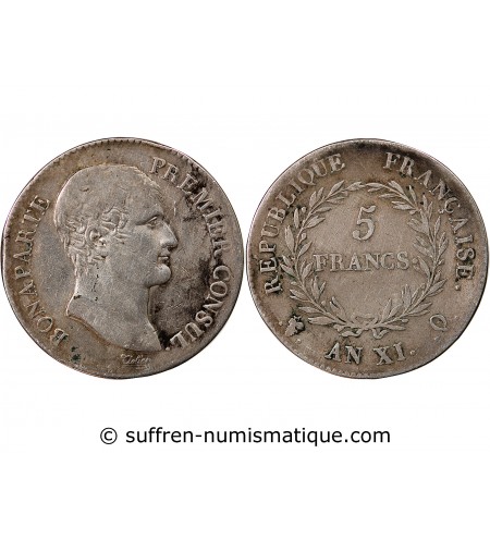 BONAPARTE Ier CONSUL﻿ - 5 FRANCS ARGENT AN XI Q PERPIGNAN