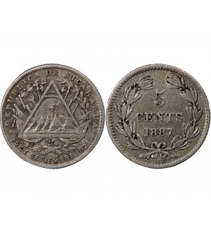 NICARAGUA - 5 CENTAVOS ARGENT 1887 H HEATON 2