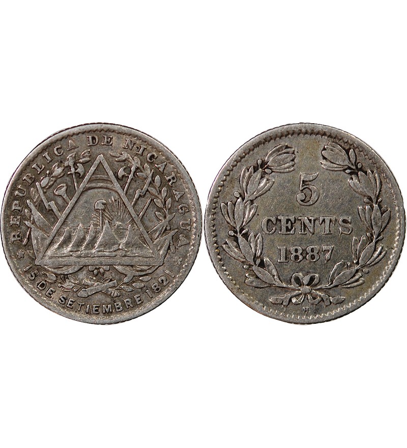 NICARAGUA - 5 CENTAVOS ARGENT 1887 H HEATON