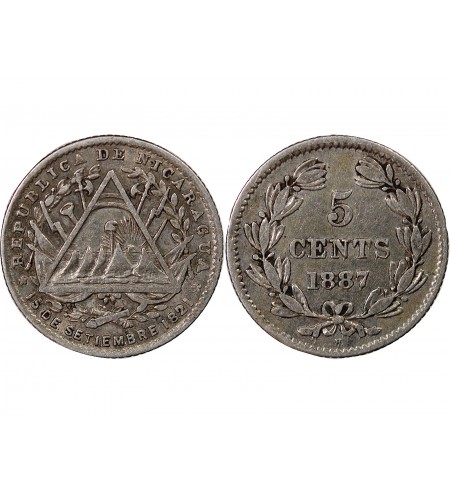 NICARAGUA - 5 CENTAVOS ARGENT 1887 H HEATON